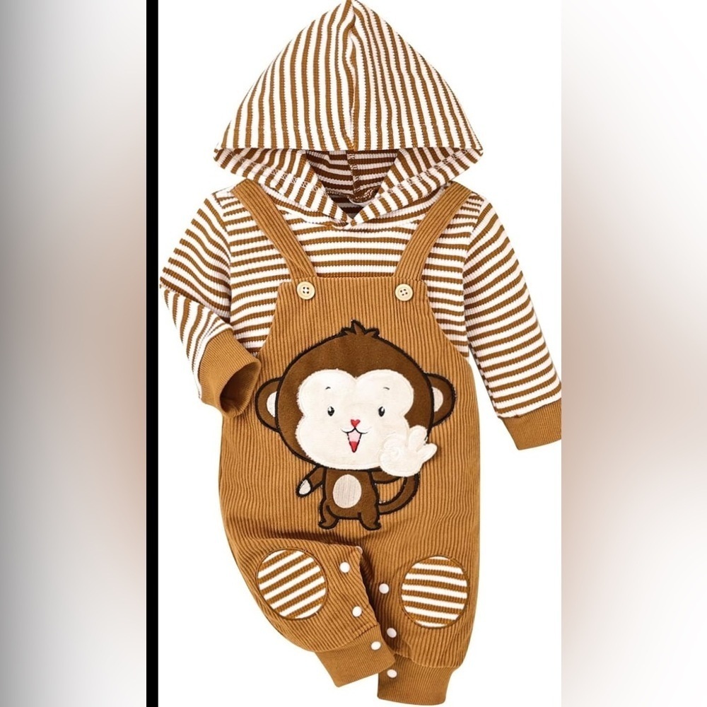 baby unisex corduroy overall set monkey appliqué. hoodie striped size 0/3 M